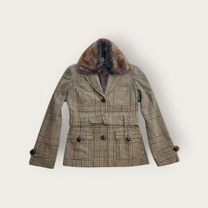 VTG Y2k Le Chateau brown houndstooth button up jacket w/ removable fur collar